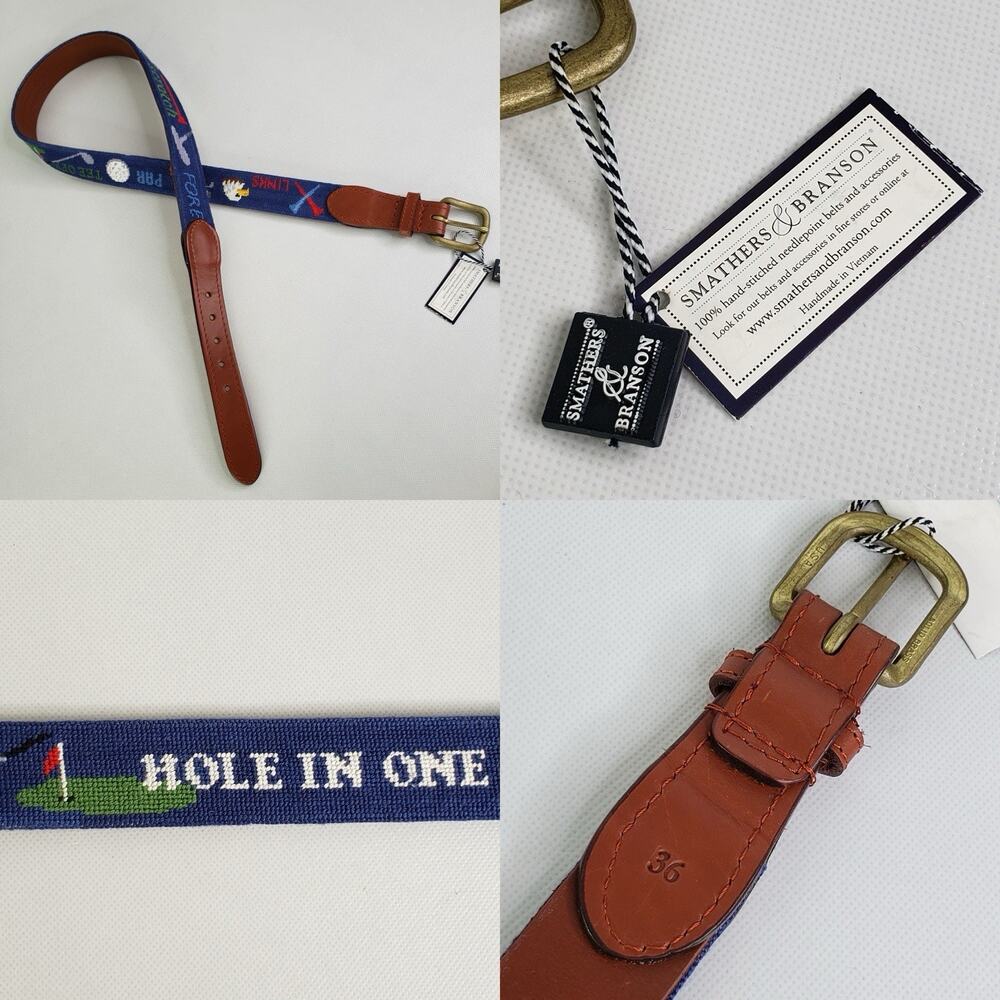 Smathers Branson Needlepoint Belt Golf Clubs Tees Balls Mens Size 36 New